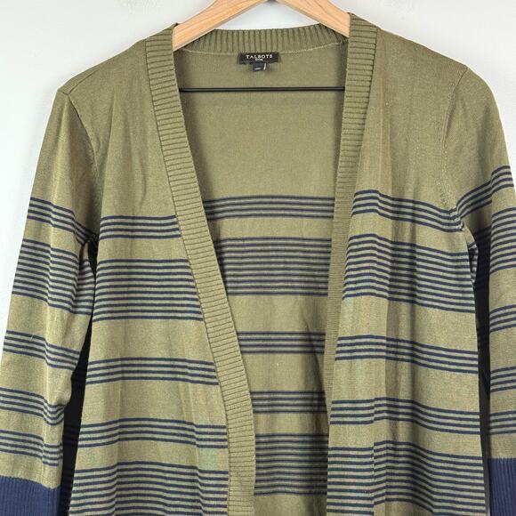 Talbots Cardigan Womens Medium Petite Green Striped 100% Pima Cotton Open Long - Picture 3 of 8